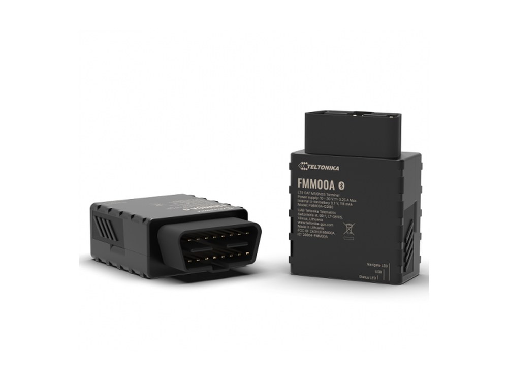 Teltonika FMM00A OBD-II tracker, shown from the connector end and from the front